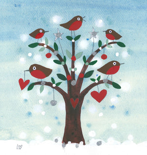 Christmas Card | Pack of 6 - Robin Red Breast Tree | Lucy Loveheart